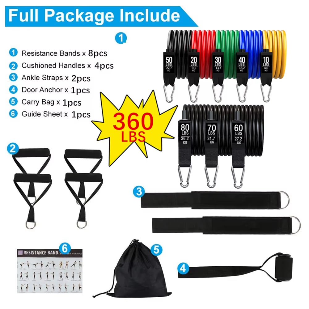 360Lbs Fitness Exercises Resistance Bands Set Elastic Tubes Pull Rope Yoga Band Training Workout Equipment for Home Gym Weight